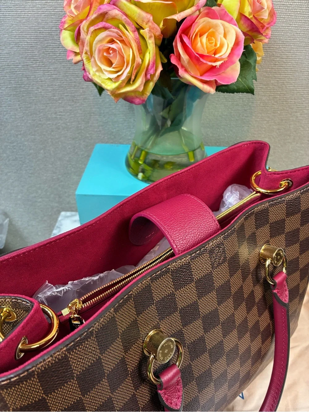 Louis Vuitton LV Damier Ebene Riverside Tote w/ Magenta Leather & LV Charm - NWT